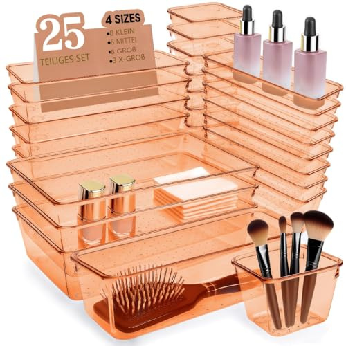 Buanson Schubladen Organizer, 25 Stück in 4 Größen, Kunststoff, Schminktisch und Make-up Organizer, Ordnungssystem (Braun)