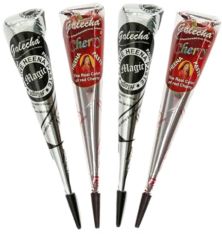 Golecha Henna Set Schwarz & Cherry, 4x25g Kegel, ohne Ammoniak PPD | temporäre Hautverzierung, inkl. Schablone Wolf, Mehendi, Körperbemalung