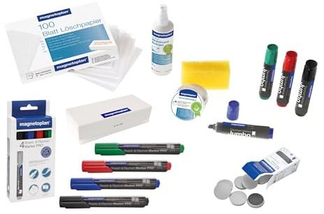 magnetoplan Whiteboard Zubehör-Set, Large | Praktisches Komplett-Set für Büro, Schule + Zuhause | Inkl. Whiteboard Marker, Universalreiniger, Spraydose Reiniger, Tafellöscher und Magnete