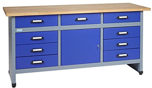Küpper Werkbank Modell 12877, 170 x 60 x 84 cm, 9 Schubladen, 1 Tür, 300 kg Traglast, 30 mm Massive Buchenarbeitsplatte