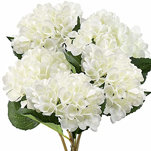 FiveSeasonStuff 5 Stems Silk Artificial Hydrangea Flowers, ‘’Life-Size’’ White Bouquet, Floral Arrangement, Floral Arrangement Decoration 47cm