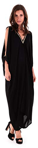 SHU-SHI - Caftán largo para mujer - Con escote de pico y hombros al descubierto - Cuentas doradas - Negro - M
