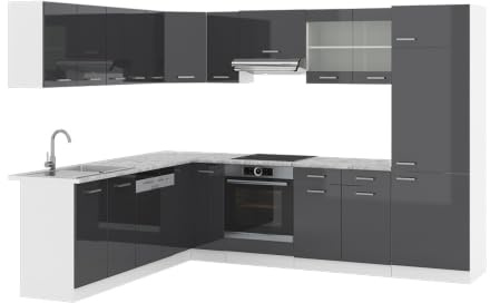 Vicco Eckküche R-Line, Anthrazit Hochglanz/Weiß, 287 x 227 cm | 12 Module · Höhenverstellbare Füße · AP Marmor inkl. · Robuste Fronten · Mit Kühlschrankumbauschrank