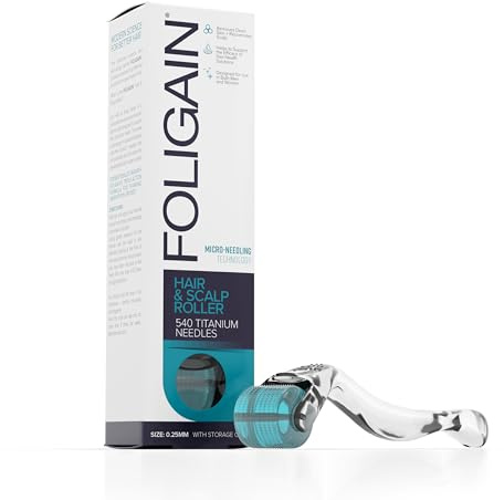 Foligain Derma Roller for Hair Growth Support - 0.25mm Microneedle Roller with 540 Titanium Needles - Professional Dermaroller Scalp Stimulator for Men and Women - Micro Needling Tool for Scalp