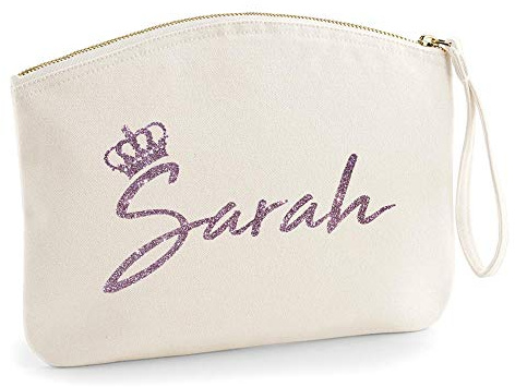 Personalisiert Name Initialen Kosmetiktasche Damen Schminktasche Handtasche Zubehör Taschen - Natürlich - S (19 x 17 cm) - Rose Gold Glitzer Königinnen Krone