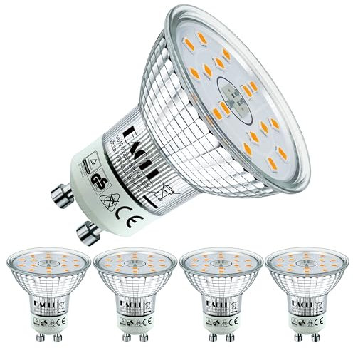 EACLL GU10 LED Warm White 5W Replaces 75W Halogen Bulb, Pack of 4. 710 Lumen 3000K Bulbs, AC 230V Flicker-Free Spotlight, Beam Angle 120° Spot, Non-Dimmable Reflector Lamp