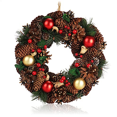 COM-FOUR® Corona de Adviento con piñas y Bolas de árbol de Navidad - Corona Decorativa navideña Ø 30 cm Aprox. (Color Dorado + Bolas Rojas)