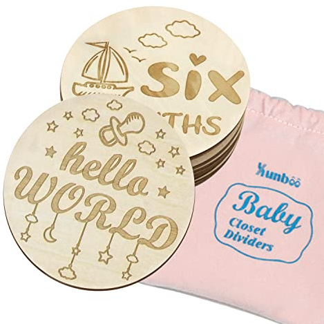 Wooden Baby Monthly Milestone Cards from Newborn to 1 Year Double Sided Engraved Photoshoot Prop Discs Baby Girl or Baby Boy Newborn Gifts (15 PCS)