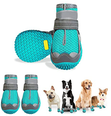 Stivali per Cani, 4pcs Scarpe per Cani Traspirante Antiscivolo con Cinghie Regolabili Riflettenti per Cani Piccola Taglia Media