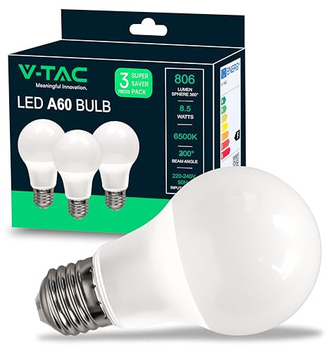 V-TAC Lampadina LED con Attacco E27 8,5W (Equivalenti a 60W) A60 806 Lumen - 6500K Luce Bianca Fredda (Box 3 pezzi)