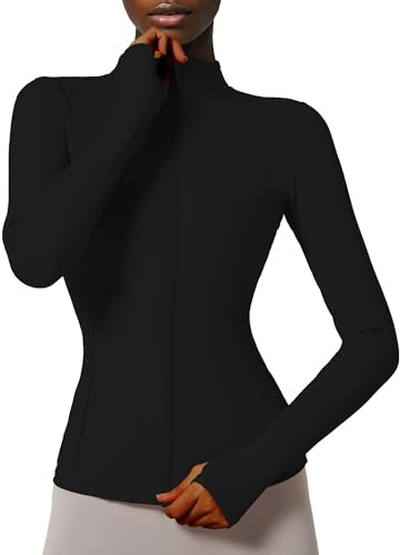 Locachy Giacca da donna aderente con zip intera per atletica, corsa, sport, allenamento, con fori per pollici, X-Small