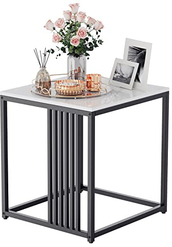 FATIVO Beistelltisch Quadratisch Weiß Marmor: Skandinavisch Sofatisch Gesinterter Stein Klein Couchtisch Nachttisch mit schwarz Metallgestell für Wohnzimmer Schlafzimmer 40×40×45cm