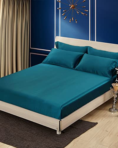 LILYSILK 25 Momme Seide Spannbettlaken 100% Maulbeerseide Superweiches Spannbetttuch bis 30cm Matratzenhöhe Atmungsaktive Seide Bettwäsche Elastisches Bettlaken König Blau, 140x200+30cm