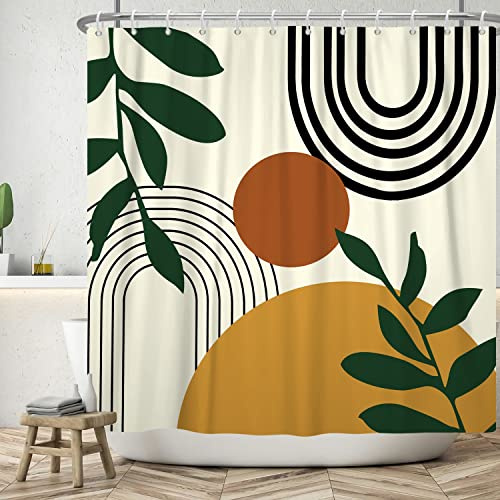 Ttincceer 180x180cm Rideau de Douche du Milieu du siècle Abstrait Plante Tropicale Feuille de Palmier Arc-en-Ciel Rideau de Salle de Bain Aquarelle Soleil Feuille Verte Rideaux de Douche