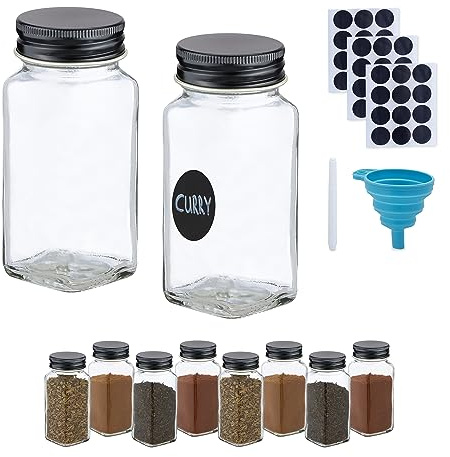 Relaxdays Gewürzgläser 10er Set, Streueinsatz, Gewürzdosen Glas, 120 ml, mit Etiketten & Trichter, transparent/schwarz