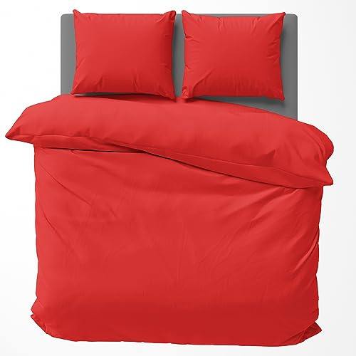 Visaggio 4 teilig Bettwäsche 135x200 cm Baumwolle Uni Bettbezug Garnitur Set Einfarbig Rot