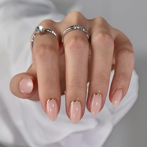 BTArtbox Press On Nails, Gold End, Short Almond, Gold Foil Design, 32Ct | Lamp-Curable 4-Week Wear, Salon-Quality Natural Nails, 10-Minute Easy Daily Application, 16 Sizes, All-in-One Complete Kit