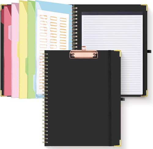 HAUTOCO Klemmbrett A4 Ordner Mit Nachfüllbarem Linierten Notizblock, 5 Ordnern Lagerung 10 Taschen, Deckel, Spiral Clip Board für Schule, Büro, Schwarz