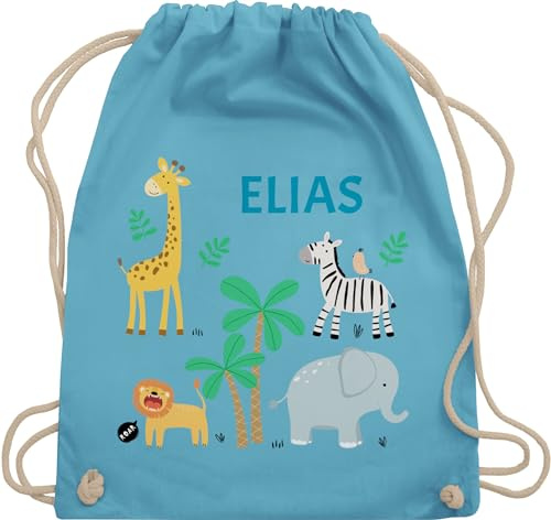 Turnbeutel Rucksack - Safari Tiere Zootiere Zoo Giraffe Zebra Löwe Elefant - Unisize - Hellblau - kindergarten tasche kita baumwolle beutel personalisierte geschenke stoffbeutel kinder