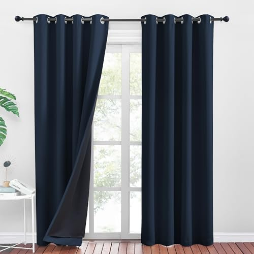PONY DANCE Thermovorhang Hitzeschutz Doppellagige Verdunklungsgardine | H 245 x B 140 cm, Dunkelblau, Blickdicht, Doppellagig, Dick, Ösenschal, für Schlafzimmer, Wohnzimmer, Kinderzimmer, 2er Set
