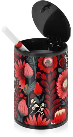 Aschenbecher mit abstrakter roter Blume für Zigaretten, Outdoor-Tisch mit Deckel, Edelstahl, tragbares Autozubehör, Aschenbecher mit Abdeckung für Terrasse, Fahrzeug