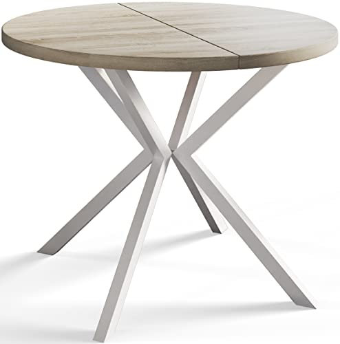 AlpiMeble Runder Esszimmertisch LOFT LITEN, ausziehbarer Tisch Durchmesser: 120 cm/200 cm, Wohnzimmertisch Farbe: Beige, mit Metallbeinen in Farbe Weiß