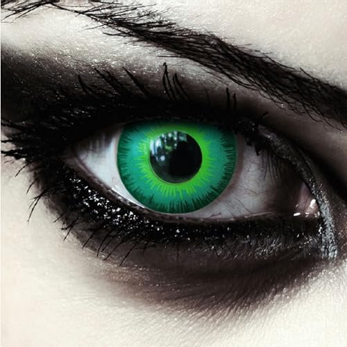 DESIGNLENSES, Gift- grüne farbige Kontaktlinsen mit Stärke, 1 Paar (2 Stück), für Halloween Karneval Joker Kostüm, weiche Monatslinsen Farblinsen, Green Elfe -1,00