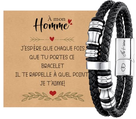 XUANPAI Bracelet Homme Idée Cadeau Anniversaire - Bracelet Cuir Tressé Gravure Je t'aime Fermoir Magnétique Acier Inoxydable Coffret Cadeau Homme Noël