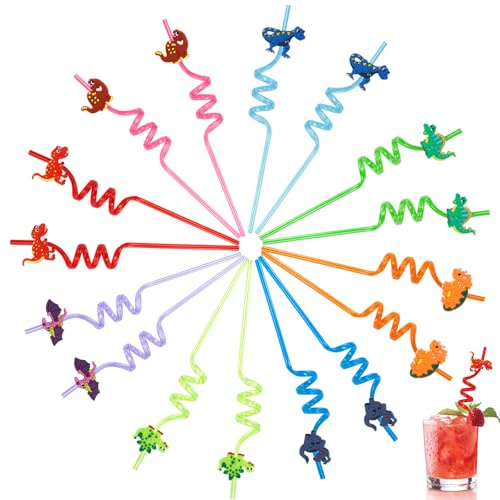 Paille en Plastique Reutilisable Pailles Réutilisables Spirale Enfant 16 Pièces Paille Décorations de Fête Dinosaures Forme Bouclée Pailles Boire pour Cocktail Jus de Lait Café (Dinosaures)