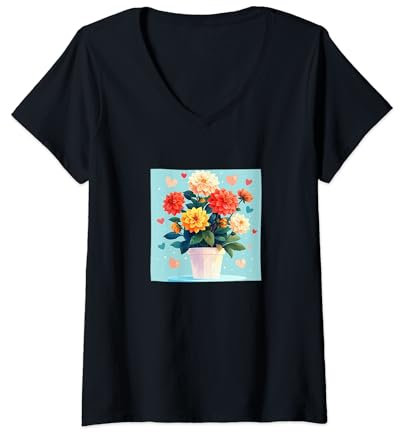 Womens Dahlia Plant In Pot Cottagecore Hearts Graphic V-Neck T-Shirt