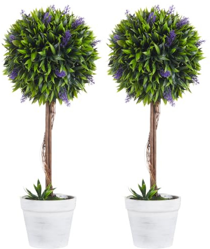 HOMCOM Lot de 2 Plantes Artificielles avec Fleurs de Lavande 60 cm Vert | Arbre Artificiel Extérieur, Tronc et Pot Inclus, Résistant aux UV, Intérieur