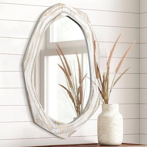AAZZKANG Espejo de pared irregular de madera, grande, rústico, asimétrico, 70 x 45 cm, decorativo para dormitorio, sala de estar, baño, entrada, colgante, color blanco