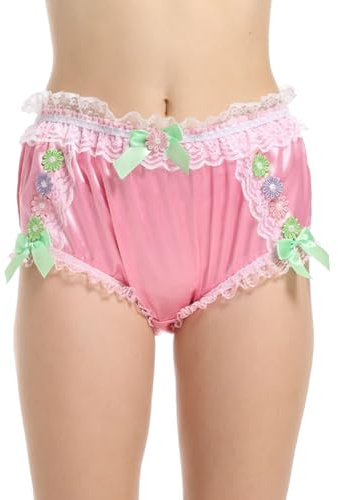 Women Sissy Satin Bow Lace Colorful Flower French Knickers Briefs Panties (X-Large) Pink