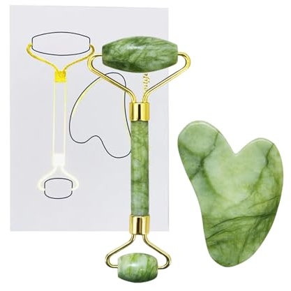 Zcbzbn Gua Sha Stein Und Gesichts-Roller-Werkzeug, Jade-Roller-Set, Hautpflege-Tool GesichtsmassagegeräT, Gua Sha Set FüR Straffende Gesichter, Augen Schwellungen, Gesichtsmassage, GrüN