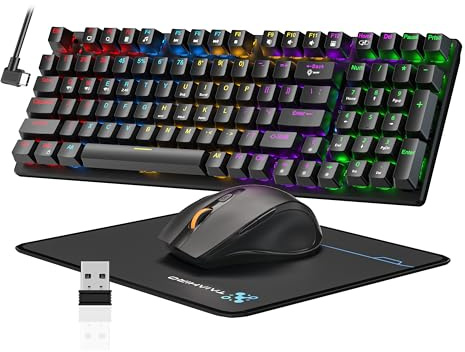 Teclado y mouse mecánicos inalámbricos para juegos, 98 teclas RGB retroiluminadas con interruptor azul, ratones ergonómicos inalámbricos para juegos con alfombrilla de mouse, 3 modos USB-C/2.4G/BT5.0