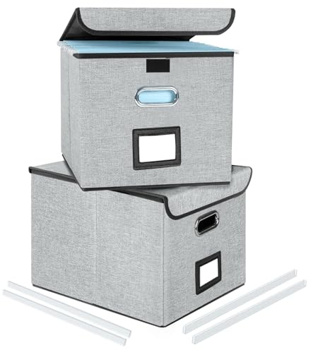 Okydoky Lot de 2 boîtes de rangement avec couvercle - Format A4 - En panneau de fibres et papier - Aspect lin élégant - Convient pour la maison et le bureau - Boîtes de rangement suspendues (gris-2p)