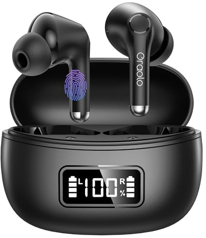 oraolo BUGANI Bluetooth Kopfhörer, Bluetooth 5.4 Kopfhörer für iOS & Android 40 Stunden Wiedergabe Stereo Hi-Fi Kabellose Kopfhörer In Ear Driver 12mm LED Display Touch Control IPX6 Wasserdicht