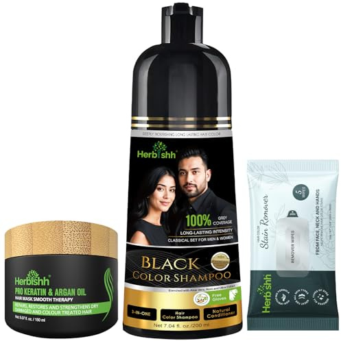 Herbishh Black Hair Dye Shampoo 200ml + Stain Remover Wipes + Argan Hair Mask 150ml – Mess-Free Coloring & Deep Conditioning