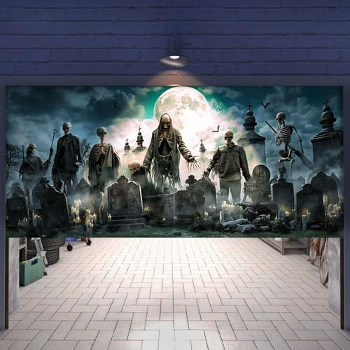 Halloween Garage Door Banner, Haunted Night Scene with Full Moon, 400 cm x 180 cm, Purple Gothic Decoration for Party Home (Grey-3)