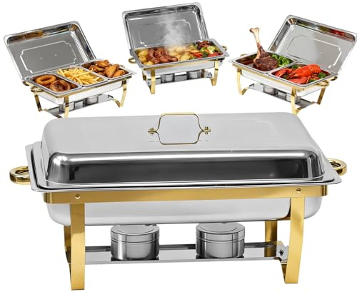 Charcofire 9Qt Chafing Dishes for Buffet, 4 Pack Gold 304 Stainless Steel Chafing Dish Sets, Complete Buffet Server and Warmers Set with Multiple Size Pans for Parties