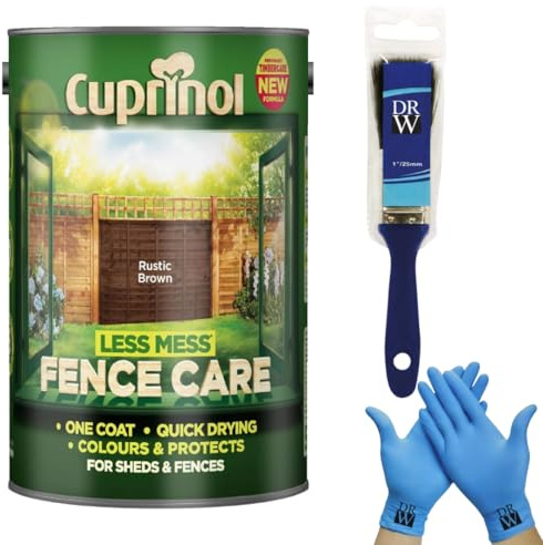 Cuprinol Less Mess Rustic Brown Fence Care Stain 6L + Free 4 Inch Fence Paint Brush & Nitrile Gloves – One‑Coat Coverage, Quick Drying, Rich Colour & Low Odour