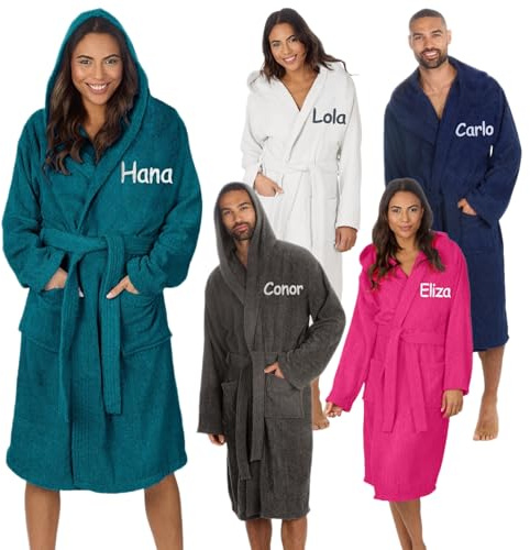 Personalised Adult Hooded Towelling Bath Robe 100% Cotton Luxury Bathrobe Absorbent Towel Robe for Men & Women Custom Gift Dressing Gown for Spa, Bathroom, Swim, Gym (S/M - Teal)