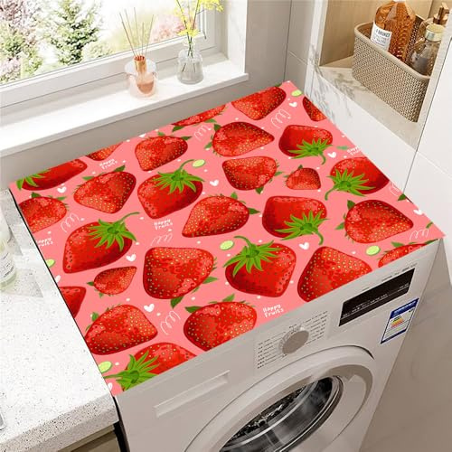 Hearda Housse Machine a Laver Fraise 3D, Dessus Tapis Lave Linge Antidérapant, Housse de Protection pour Machine à Laver Top, Tapis de Protection pour Dessus Sèche-Linge (Fraise 2,30x40cm)