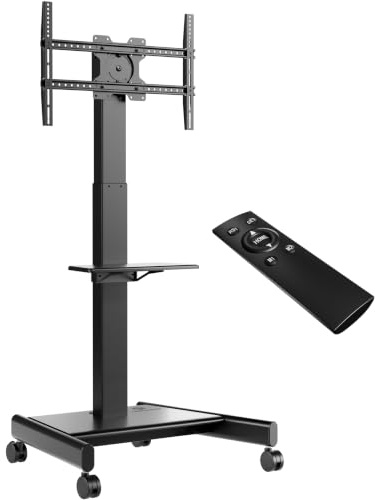 ONKRON TV Ständer rollbar 43-75, bis 65 kg, max VESA 600x400, TS1552E-B | TV Lift elektrisch höhenverstellbar, Fernbedienung, Rollen, breite Basis, neigbar, drehbar; für Büro & Videokonferenzen