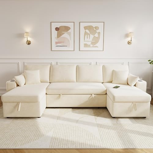 Luscriate Ecksofa U‑Form mit Schlaffunktion, ausziehbares Sofa, Stauraum, doppelte Chaiselongue, USB-Ladeanschluss, Becherhalter, Armlehnenablage, Beige