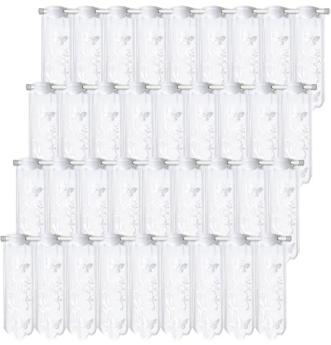 4er Scheibengardine 130x45 cm Bistrogardine Weiß Bestickt Kurzstore | Moderne Küchengardine mit Blumenmuster, Halbtransparenter Fensterbehang mit Ösen für Küche Wohnzimmer und Wohnwagen