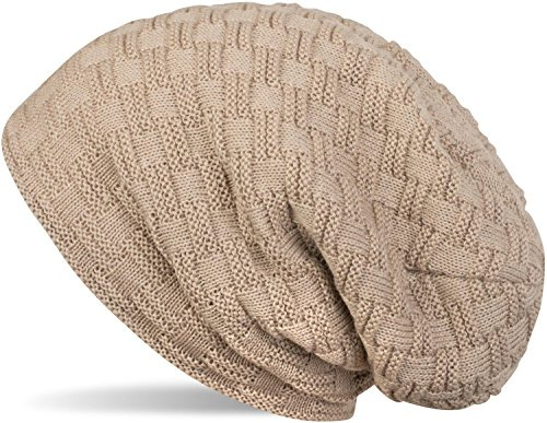 styleBREAKER Finstickad lång beanie mössa med flätat mönster och varmt fleecefoder | Vinterstickad mössa, unisex, elastisk, mjuk, bekväm, varm, Ljusbrun, one size