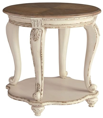 Signature Design by Ashley Realyn Round End Table, Cottage-Style Side Table with Antiqued Two-Tone Finish, Wood & Veneer Construction for Living Room or Bedroom, White/Brown
