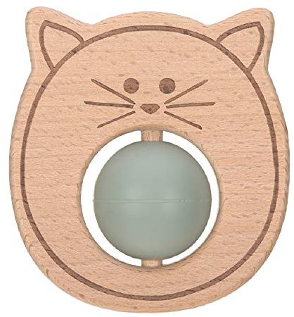 LÄSSIG Baby Greifling Beißring Beißhilfe Holz Silikon schadstoffgeprüft Spielen Anfassen Motorik Zahnen/Teether Ball, Little Chums cat, grau