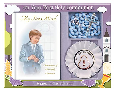 Missal für Jungen zur Erstkommunion, fester Einband, blauer Rosenkranz, Rosette und Gebetskarte/Lesezeichen